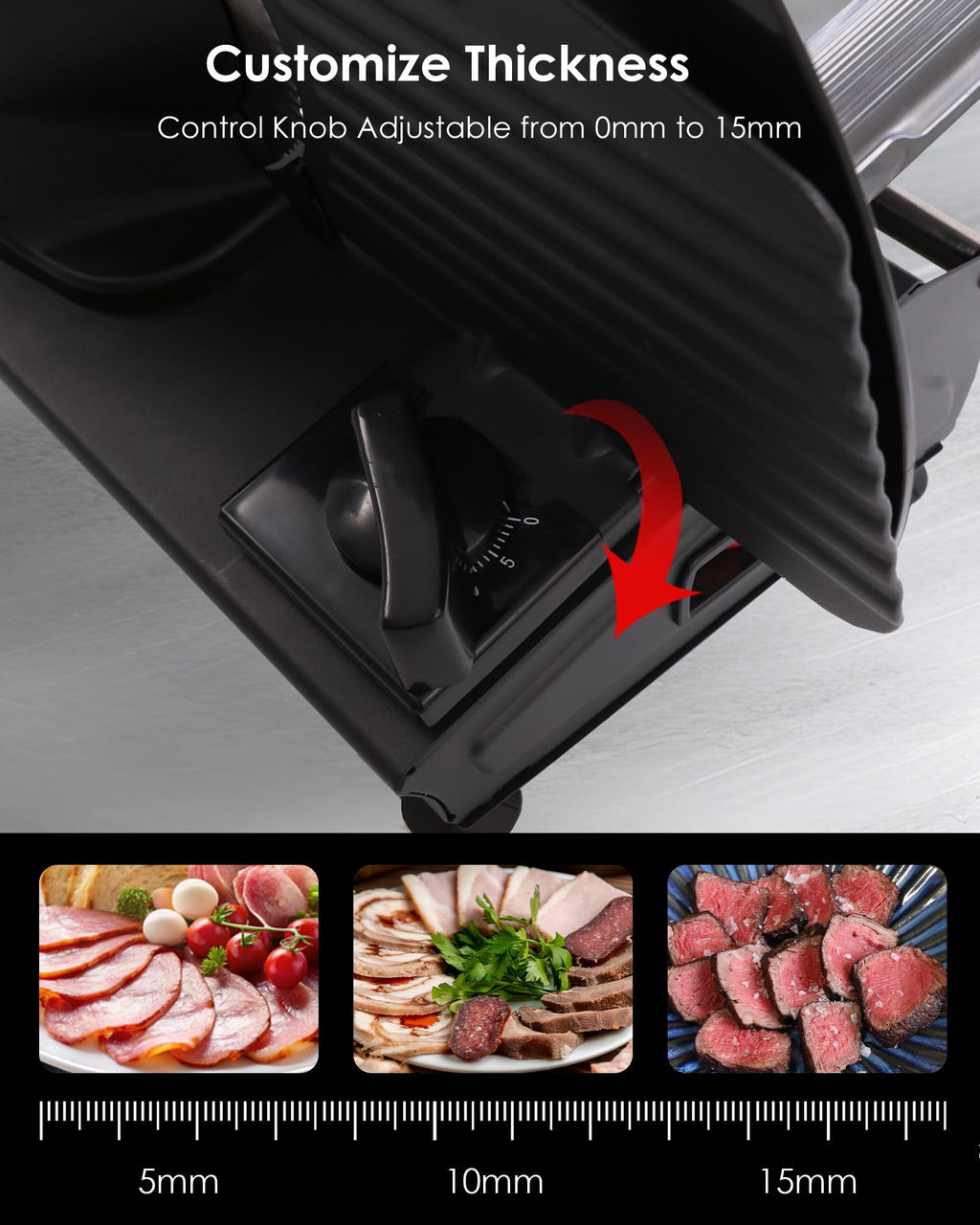 TOOGOOD 7.5" Electric Meat Slicer, with Stainless Steel Blade, Adjustable Thickness Food Slicer Machine for Home Use, Cuts Meat, Ham, Hard Cheese and Deli (Black)