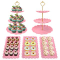NAXIHOPT 5 Pcs Dessert Table Display Set, Pink Plastic 2 Pcs Round 3 Tier Cupcake Stand Cup Cake Tower Stand with Metal Rod & 3 Pcs Serving Tray for Baby Shower, Tea Party, Wedding, Birthday Party
