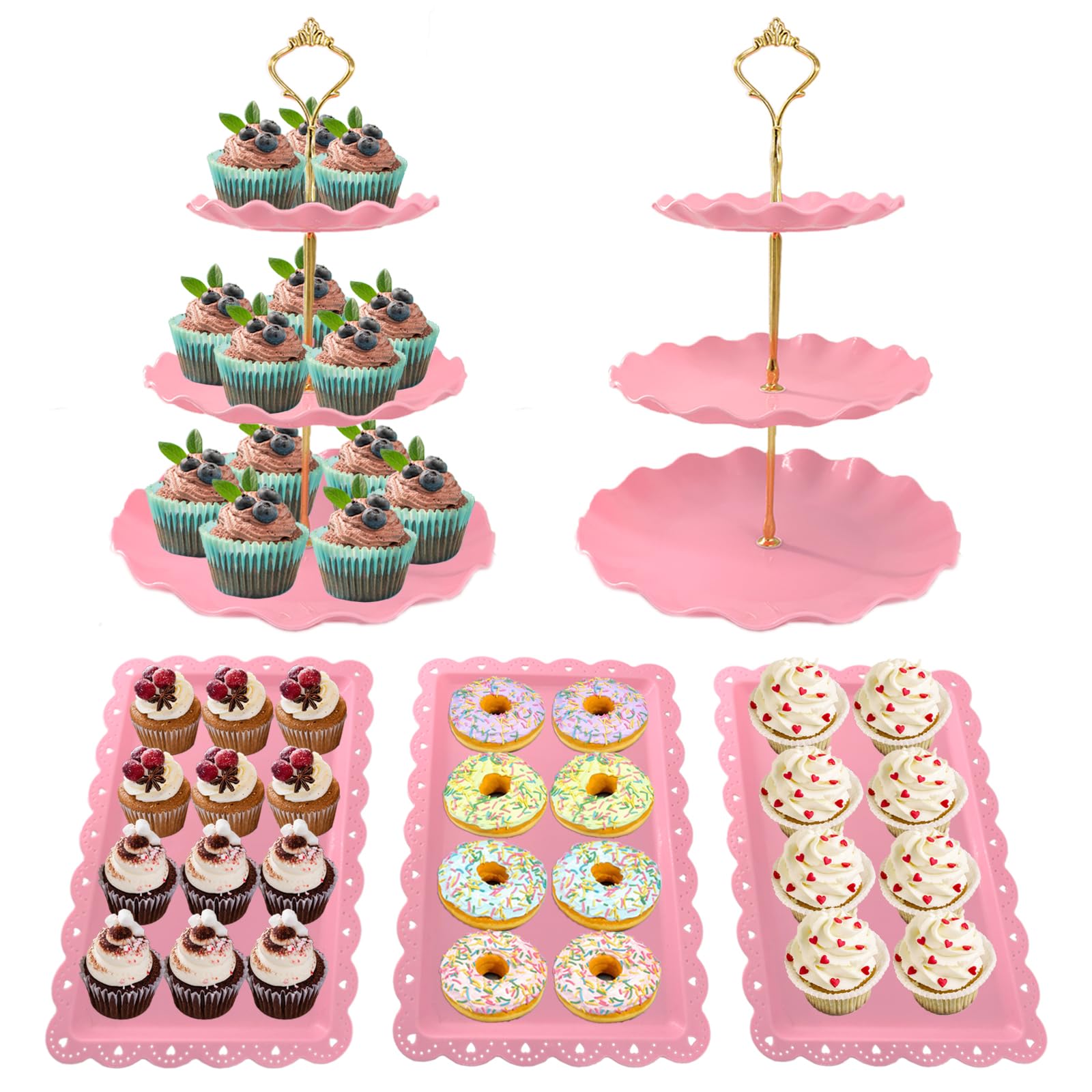 NAXIHOPT 5 Pcs Dessert Table Display Set, Pink Plastic 2 Pcs Round 3 Tier Cupcake Stand Cup Cake Tower Stand with Metal Rod & 3 Pcs Serving Tray for Baby Shower, Tea Party, Wedding, Birthday Party