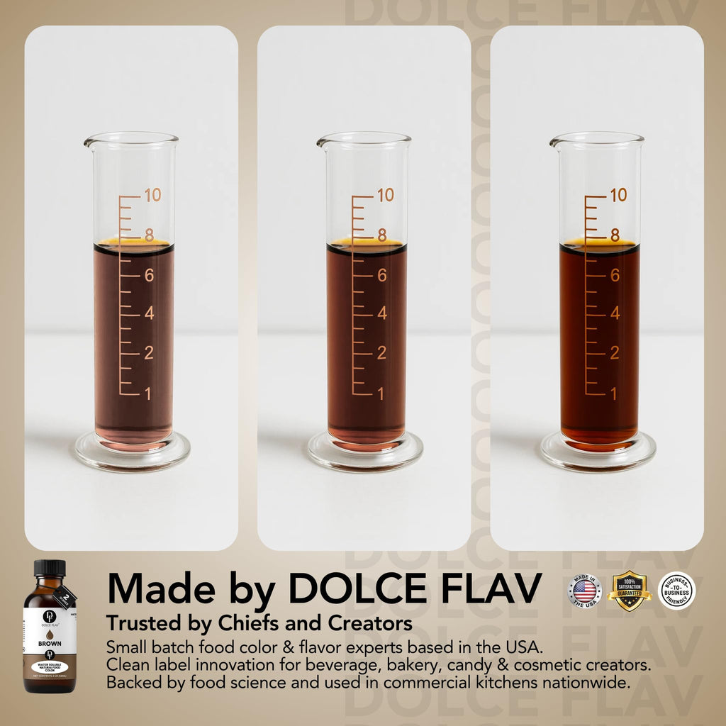 Dolce Flav Natural Brown Food Coloring – 2 oz Liquid Color from Class IV Caramel with Graduated Dropper | Water-Soluble | For Baking, Beverages & Sauces | Kosher | Made in USA