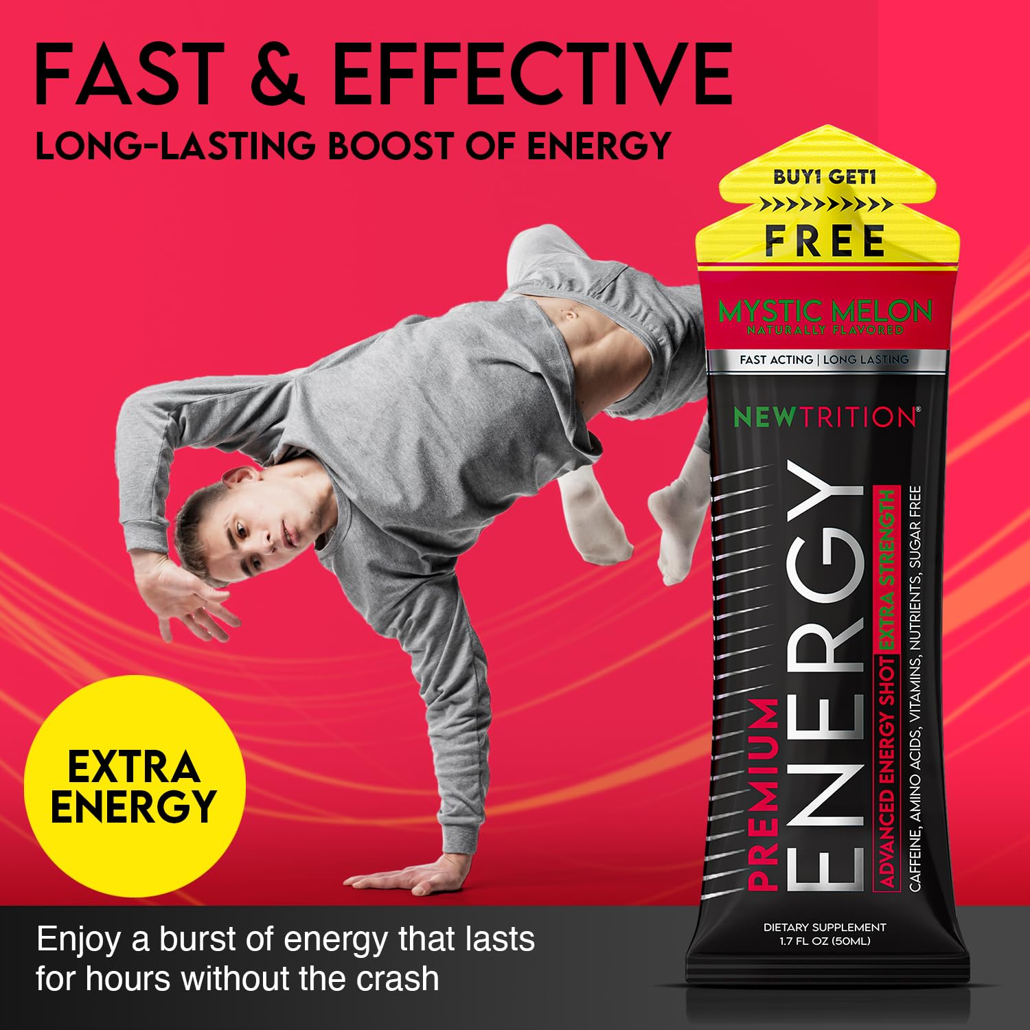 NewTrition® Extra Strength Energy Shots, 1.7 fl oz - 250mg Caffeine with Vitamin B & Amino Acids, Sugar-Free, Zero Calorie Vitamin Energy Drink for Focus & Endurance (Pack of 12, Mystic Melon)