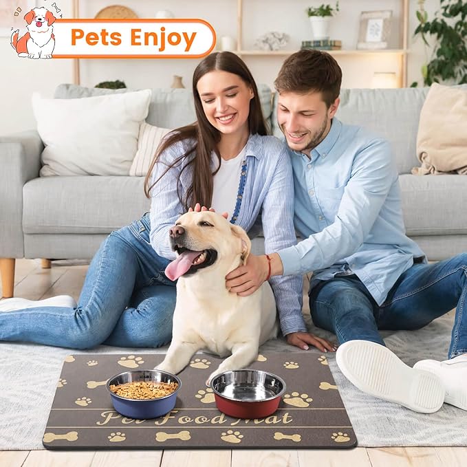 Pet Feeding Mat-Absorbent Pet Placemat for Food and Water Bowl, with Waterproof Rubber Backing, Quick Dry Water Dispenser Mat for Dog and Cat (16"x24", Brown)