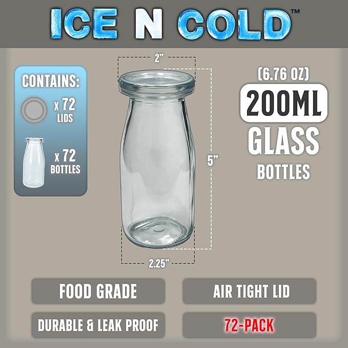 6.76 oz / 200ml Vintage Glass Bottle with Leakproof Clear Lid, Reusable & Eco-Friendly – Ideal for Milk, Juices, Smoothies, Infused Water, BPA-Free Glass Bottle (72-Pack)