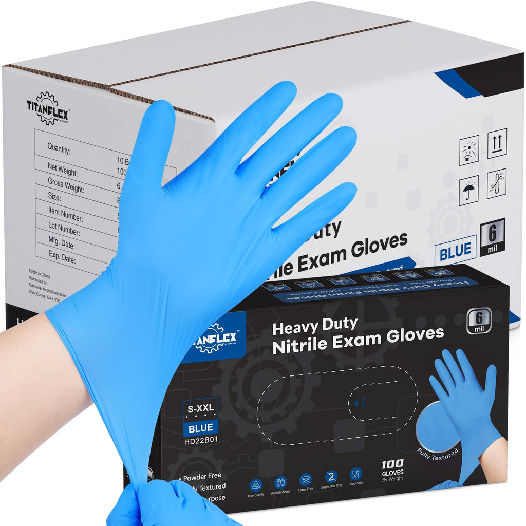 TitanFlex Heavy-Duty Blue Disposable Nitrile Gloves, Large, Case of 1000, 6-mil, Fully Textured, Powder-Free, Latex-Free
