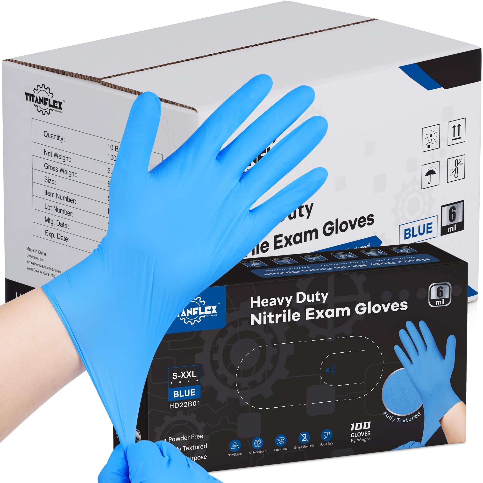 TitanFlex Heavy-Duty Blue Disposable Nitrile Gloves, Medium, Case of 1000, 6-mil, Fully Textured, Powder-Free, Latex-Free