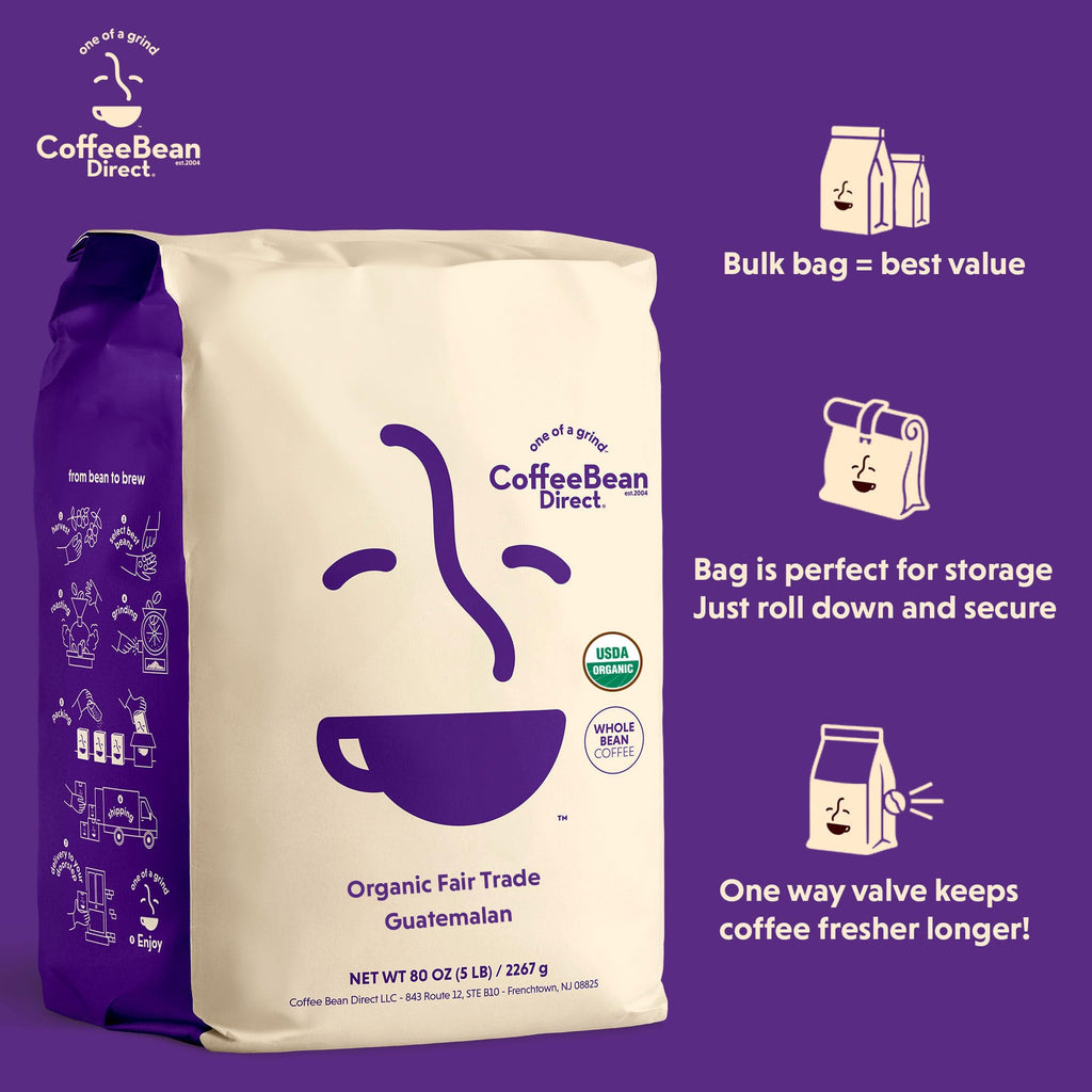 Coffee Bean Direct Organic Fair Trade Guatemalan, Whole Bean, 5lb Bag