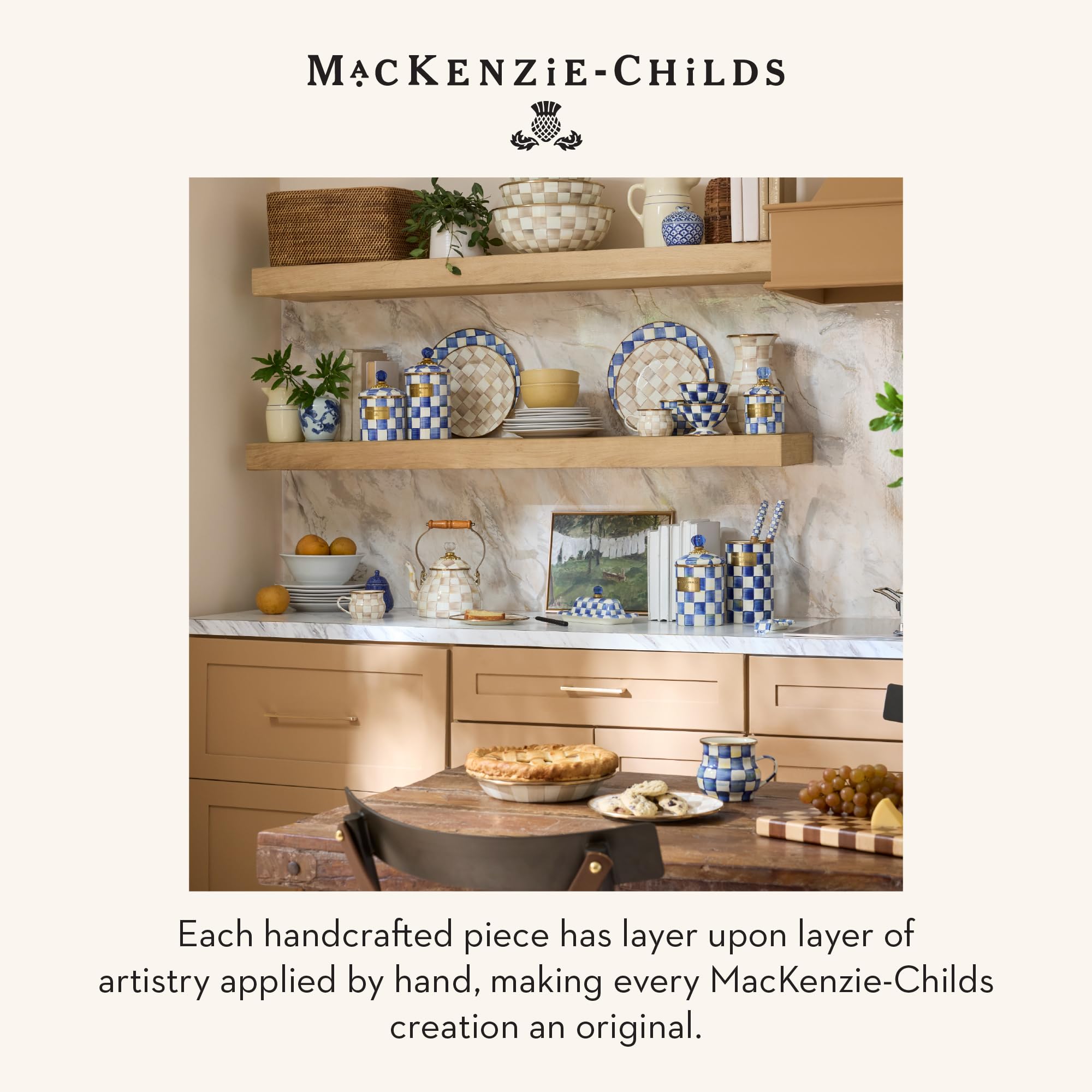 MACKENZIE-CHILDS Enamel Pie Plate, Brown-and-White Mocha Check