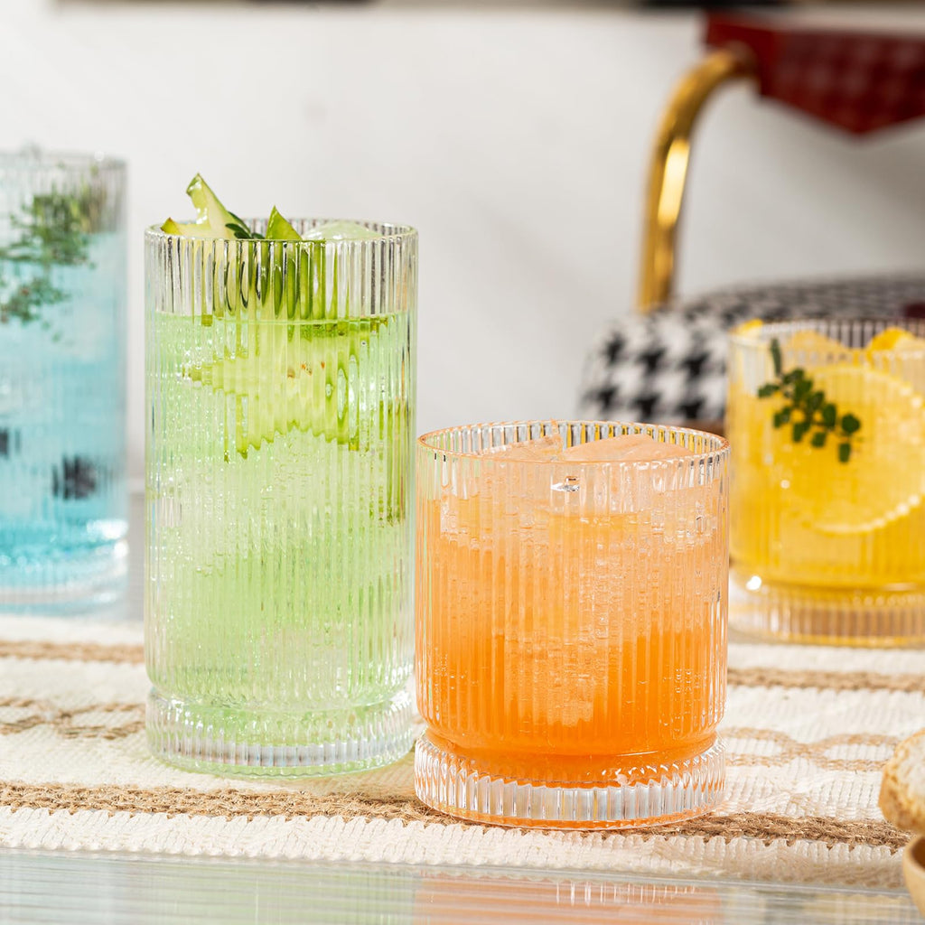 POLIDREAM Ribbed Glass Cups Set, 390ml Vintage Drinking Glassware Set of 4, Cocktail Glasses, Low Ball Ribbed Glassware, Mixed Glassware Set, Premium Whiskey Glasses, Ideal for House of Glass