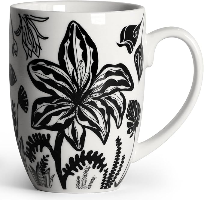 16oz Black and White Boho Floral Mug - Unique Coffee Mugs and Tea Cup, Novelty Ceramic Cups Gifts for Women and Men.