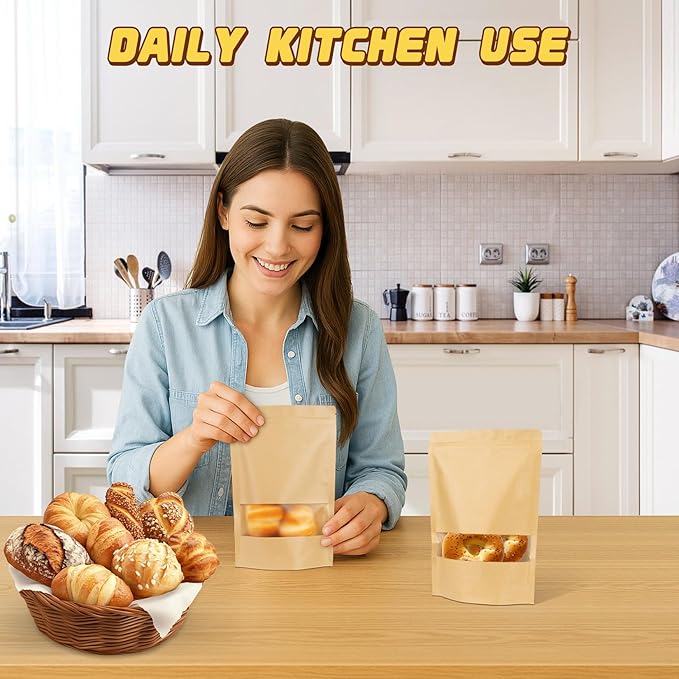 Jetmore-50pack-Smell-Proof-Bag, Reusable Zip Lock Bags with Window, Resealable Stand Up Packaging Bags, Brown Paper Pouches for Coffee, Tea, Herbs, Spice, Snack, Baked Goods, Goodie Bags