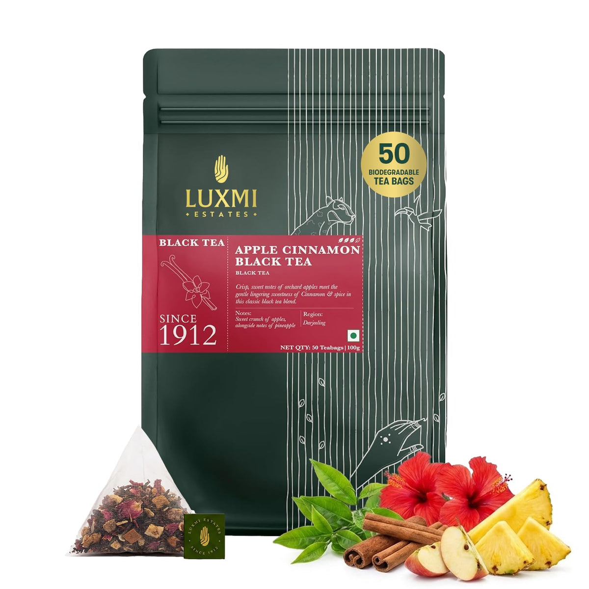Luxmi Estates Queen of the Hills Organic Black Tea (50 Tea Bags) Caffeinated Tea Bags For A Morning Boost and Natural Energy, With Certified Organic Darjeeling Makaibari Black Tea
