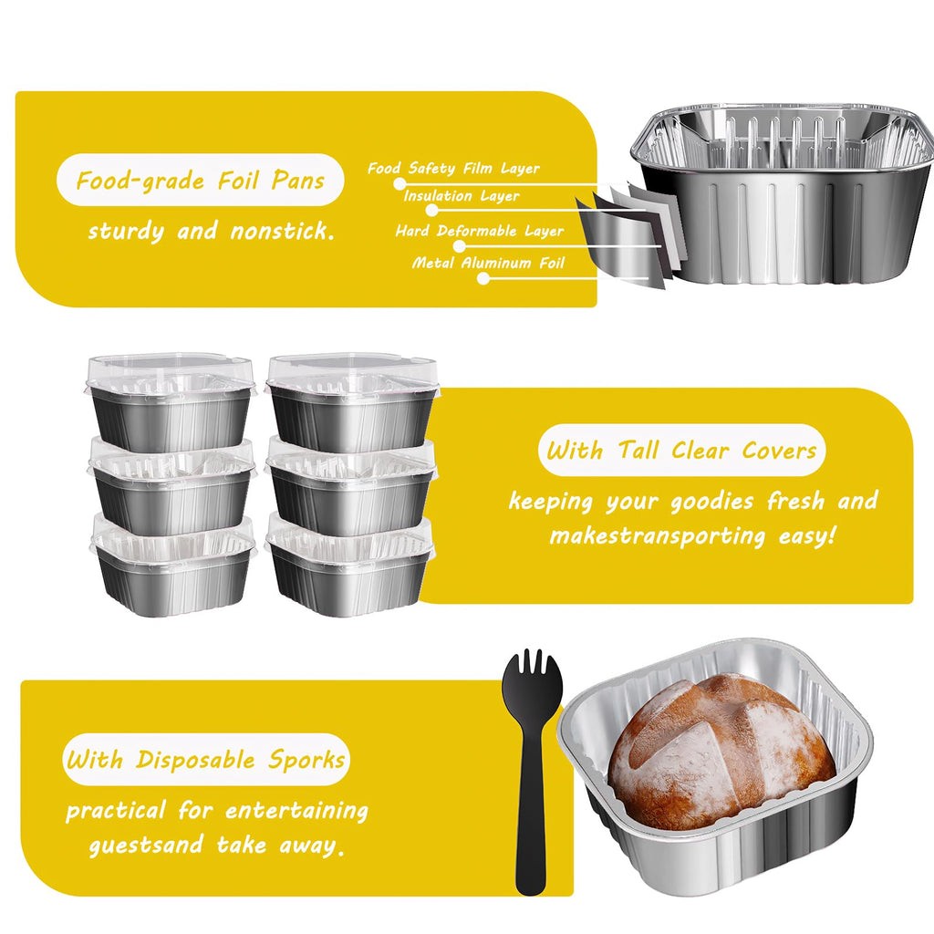 Ksmxos 25 Pack Square Mini Cake Pans with Lids,Mini Loaf Pans with Lids,Aluminum Foil Baking Cups,Disposable Ramekins Cupcake Cups,Dessert Cups for Wedding Birthday Party Picnics,5oz (Silver)