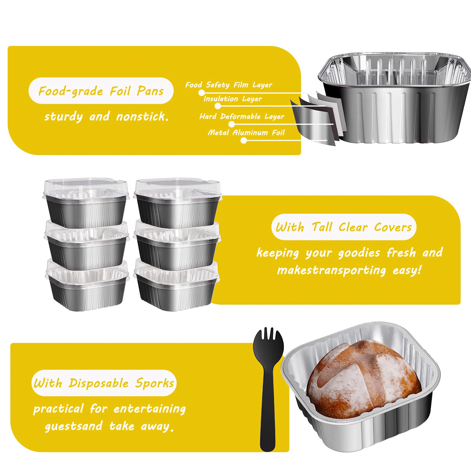 Ksmxos 25 Pack Square Mini Cake Pans with Lids,Mini Loaf Pans with Lids,Aluminum Foil Baking Cups,Disposable Ramekins Cupcake Cups,Dessert Cups for Wedding Birthday Party Picnics,5oz (Silver)