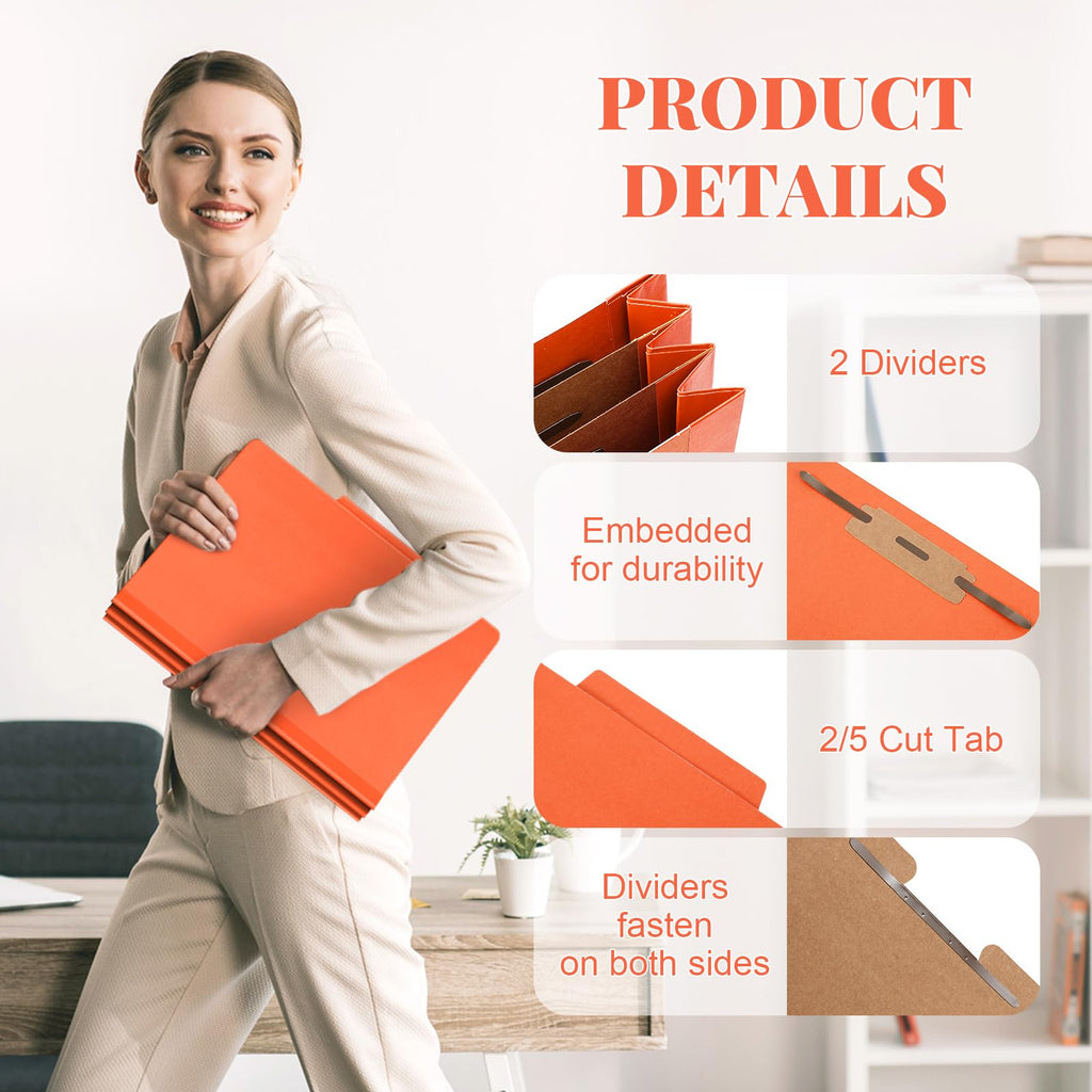 Skyygemm 60 Pcs Classification Folders Letter Size, 2 Divider Pressboard File Folders with 3. 5 Inch Expansion, 2 Prongs Fastener, Heavy Duty Office File Organizers for Teachers, Medical (Orange)