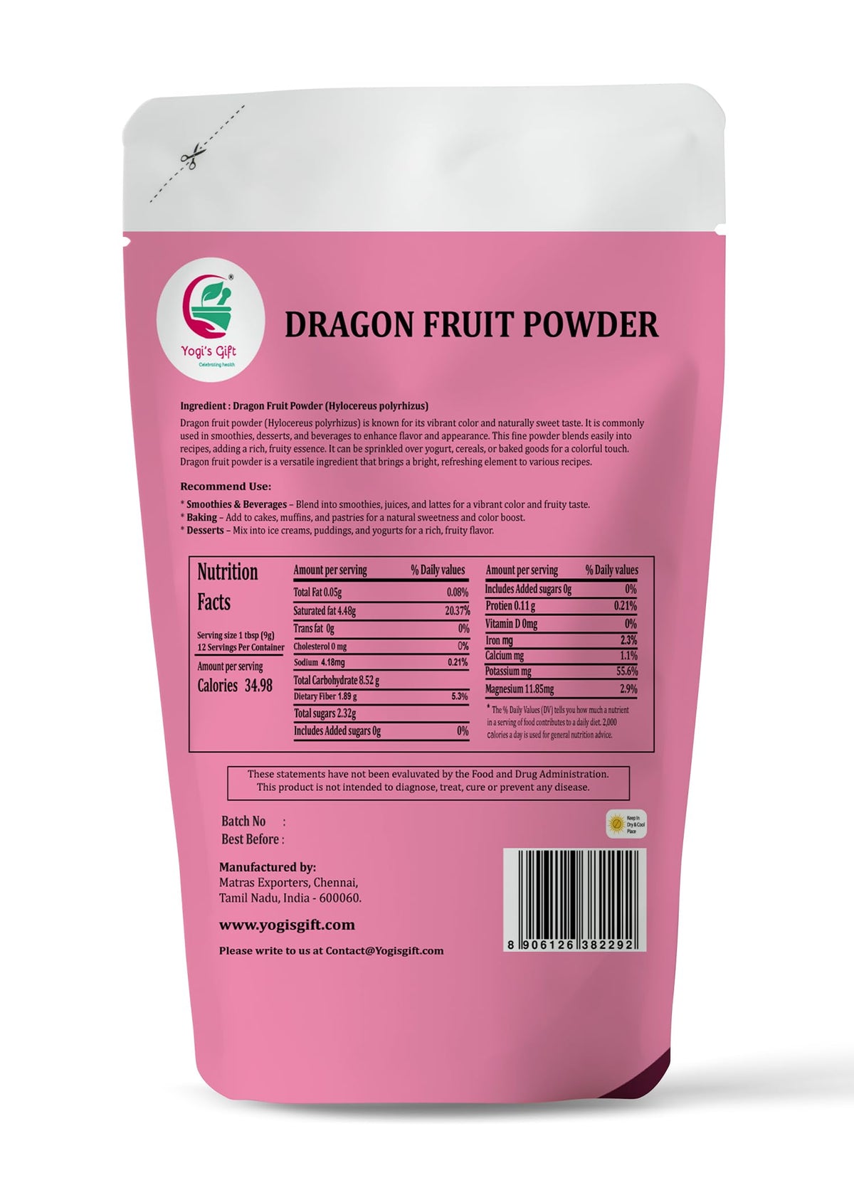 Yogi's Gift® Dragon Fruit Powder 4 oz | Pink Pitaya Powder Food Coloring