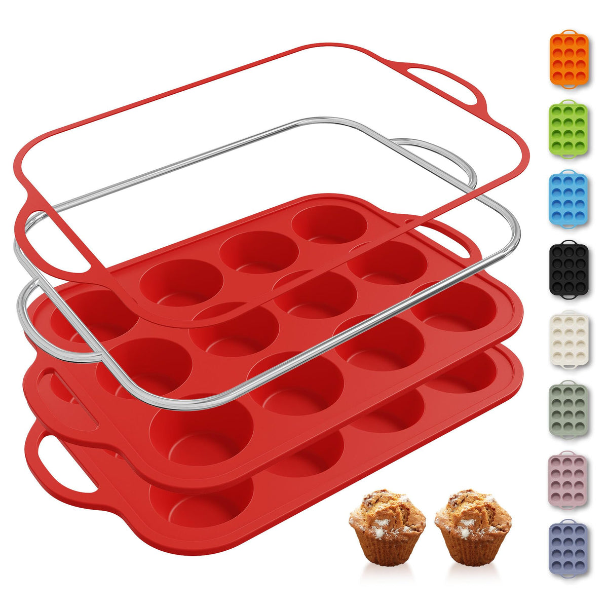 2 Packs 12 Cups Silicone Muffin Pan for Baking with Metal Reinforced Frame Regular Size Cupcake Pan Tray Chocolate Egg Pizza Bites Oven Top Cookie Molds Muffin Tin Tart Pans Sheet Set Bakeware Liner