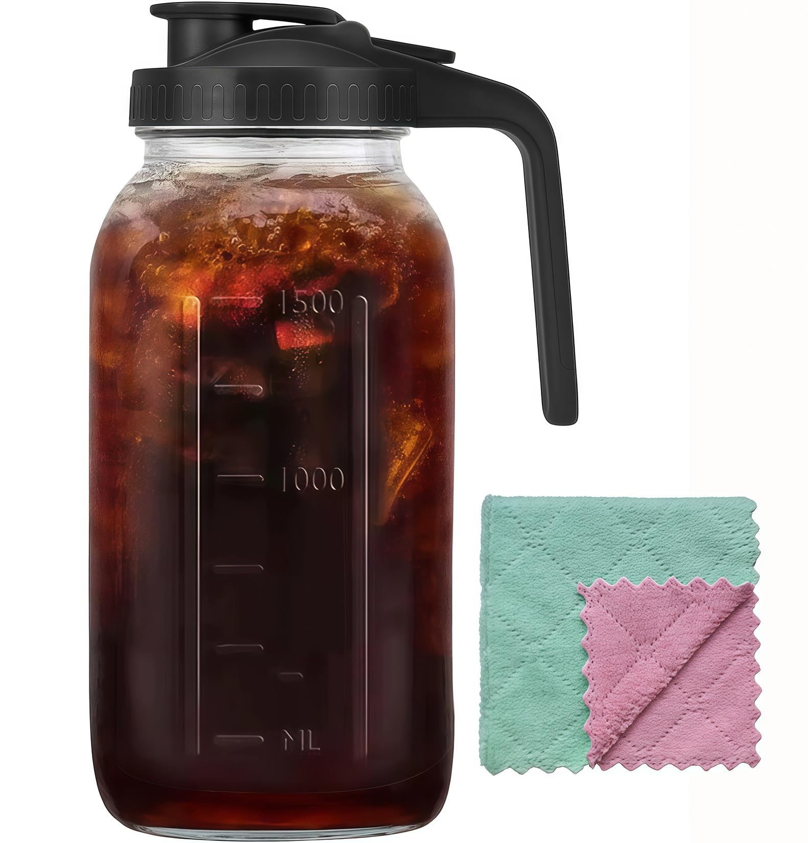 64oz Glass Pitcher Carafes With Handle and Lid, 2 Quart Mason Jar, Large Water Jug, Glass Containers for Fridge, Water Pitcher for Juice, Iced & Sun Tea, Cold Brew Coffee, Homemade Beverage