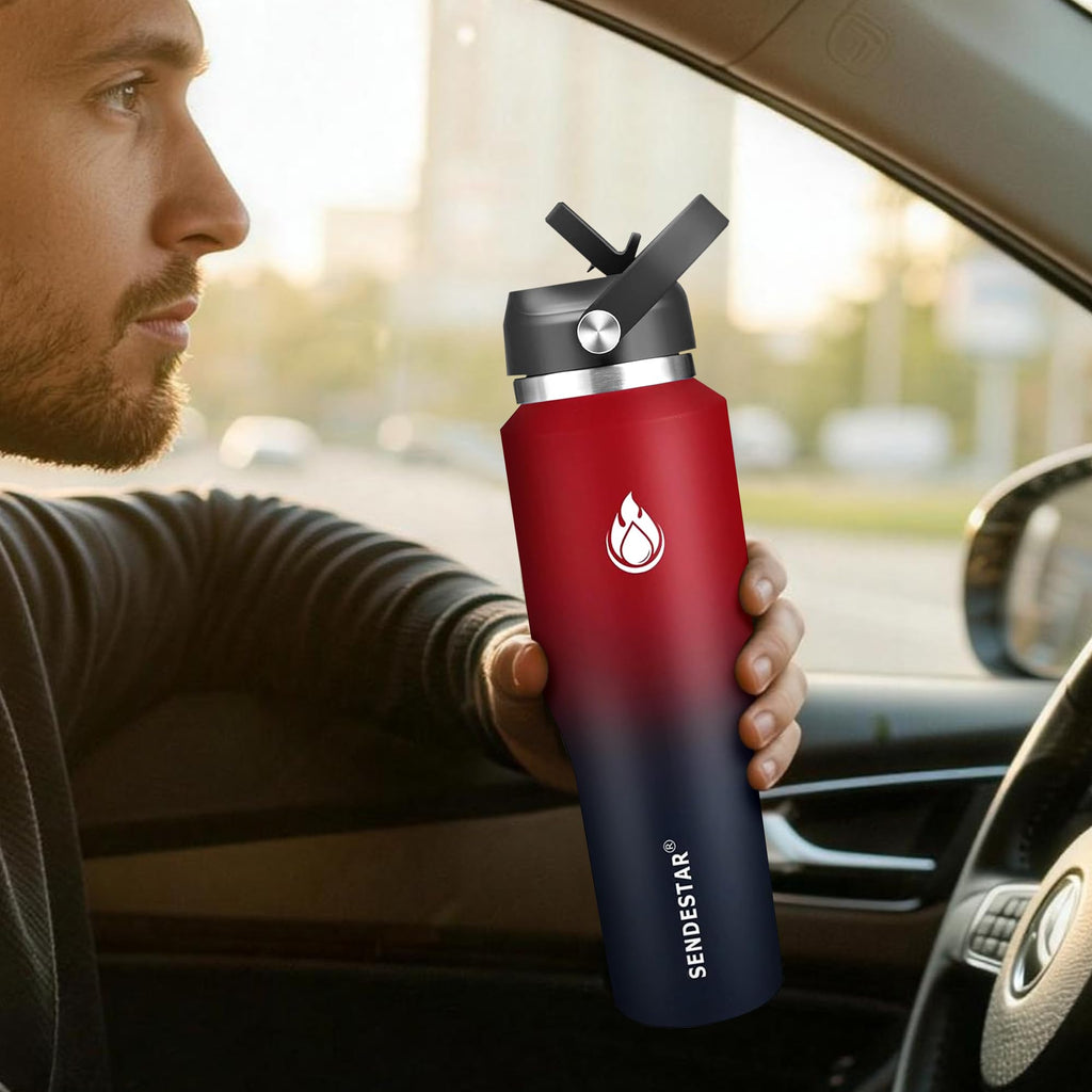 SENDESTAR 40oz Water Bottle Wide Mouth Stainless Steel Vacuum Insulated Double Wall with 2 Straw Lids Fit in Any Car Cup Holder