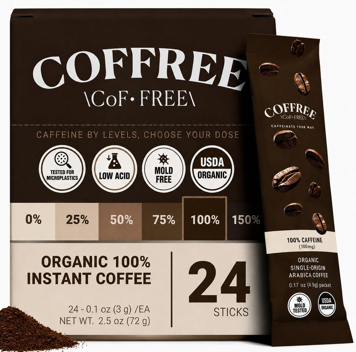 COFFREE Organic Instant Coffee Packets Variety Pack - 0% to 150% Caffeine - Mold Free, Low Acid, Single-Origin Arabica - Individual Single Serve Coffee Sticks - Easy for Travel, Camping - 24 Count