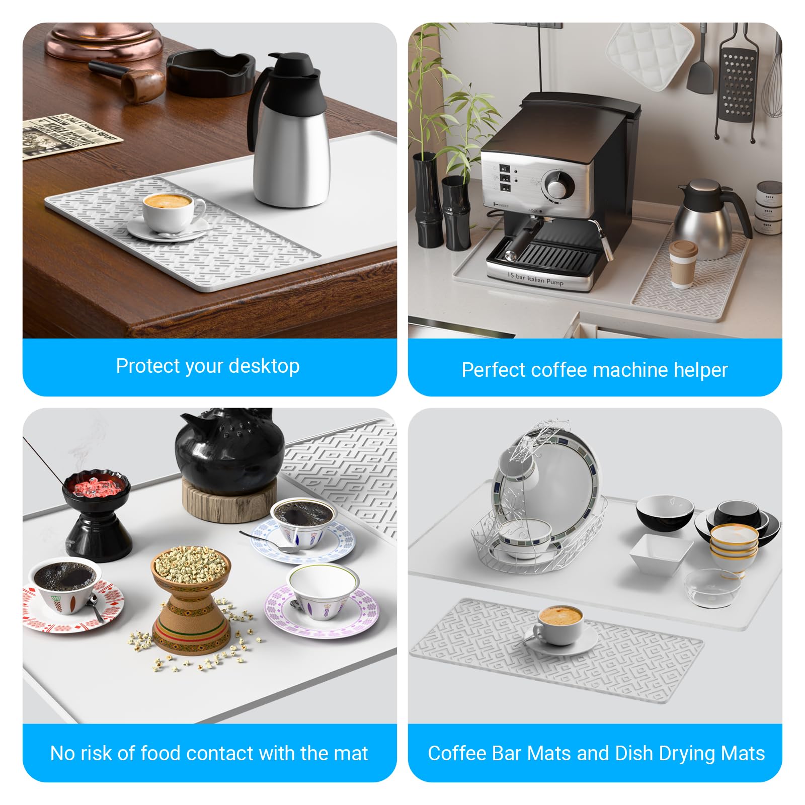 Silicone Coffee mat 24''x16'' – Non-Slip Bar Mat with Detachable Drying Layer for Espresso Machines, Countertops & Dish Racks