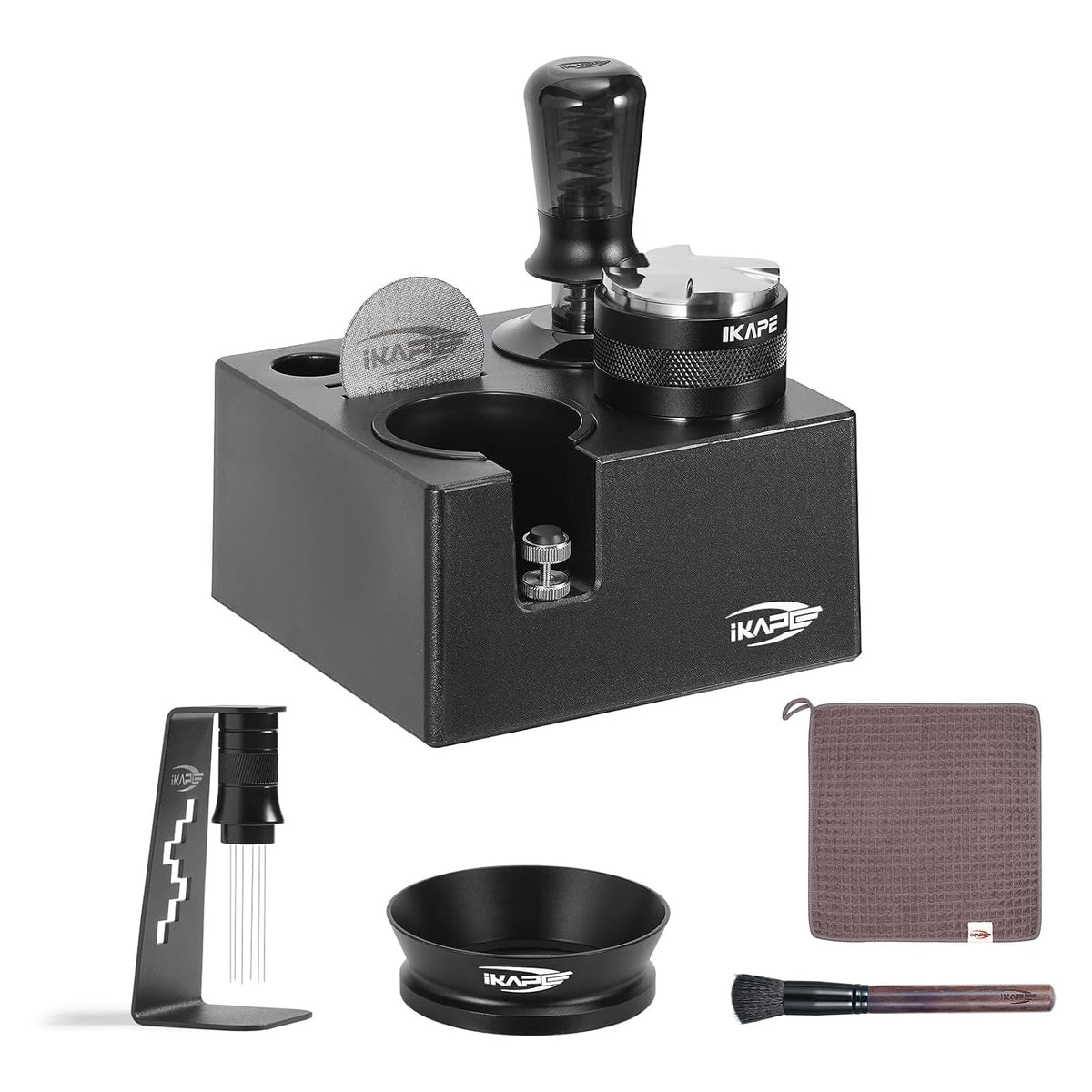 IKAPE 58mm Black Espresso Tool Set 8 IN 1, Coffee Tamper, Distributor, Magnetic Funnel, Puck Screen, Tamper Station, Stirrer Distribution Tool, Cleaning Towel and Brush