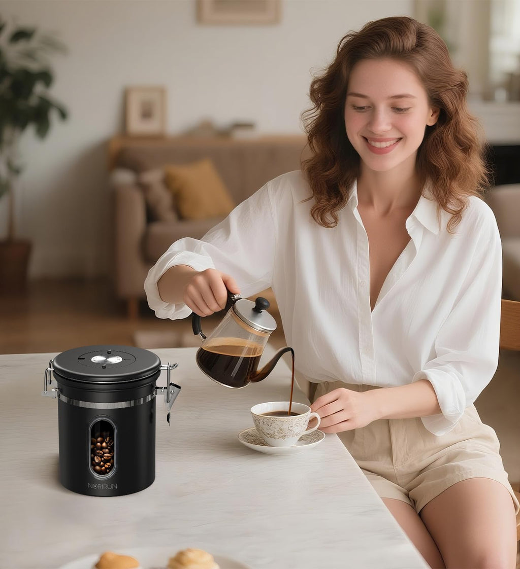 NORIRUN Coffee Canister With Window,16oz Stainless Steel Airtight Coffee Bean Storage Grounds Container with Date Tracker and Scoop,Grounds Kitchen Food Canister Jar for Beans,Tea,Sugar,Flour,Cereal