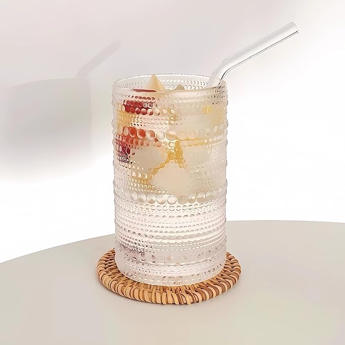 2 Pcs Iced Coffee Glasses Cups with Bamboo Lids and Straws,12 oz Thick Emboss Beaded Drinking Glass Cup Set,Latte Glasses,Ideal for Water,Soda,Gift - with Cleaning Brushe