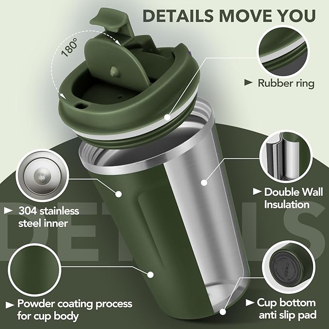 Volhoply 12 oz Double Wall Insulated Vacuum Travel Coffee Mugs with Flip Lid Bulk 2 Pack,Reusable Stainless Steel Leak Proof Coffee Cup,Portable Thermal Tumbler for Cold & Hot Drinks(Army Green,2 Set)