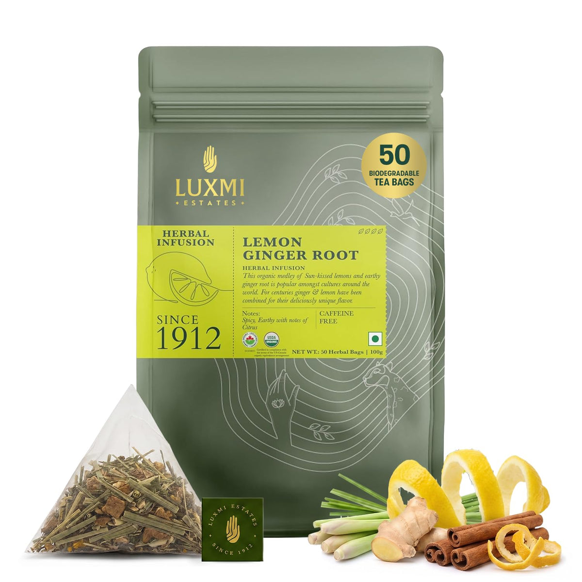 Luxmi Estates Lemon Balm Honey Ginger Herbal Tea | 50 Pyramid Tea Bags (100g, 3.5oz), Caffeine-Free Calming Blend with Lemon Balm, Ginger, Lemongrass, Lemon Peel, & Natural Honey Flavor, Vegan
