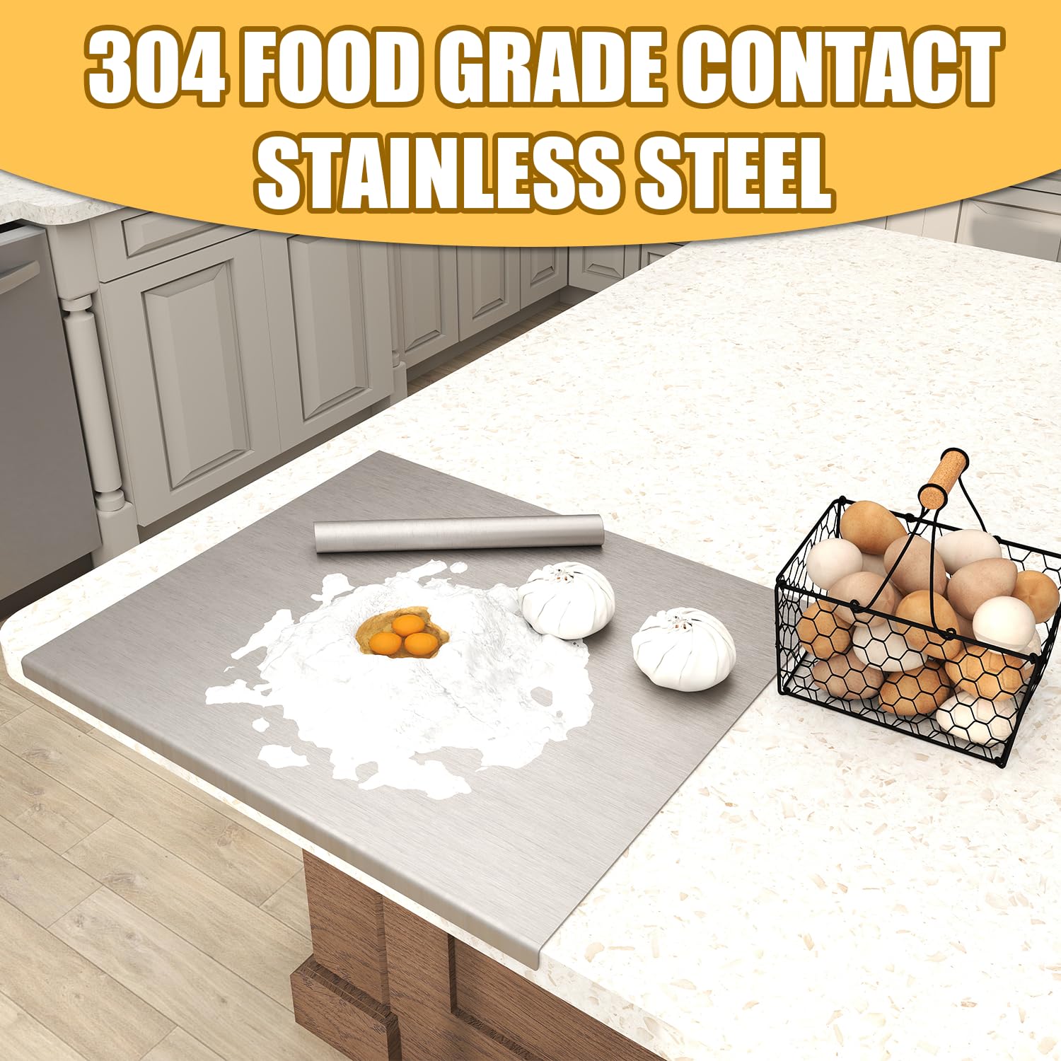 Stainless Cutting Boards for Kitchen, Chopping Board with Lip & Rolling Pin