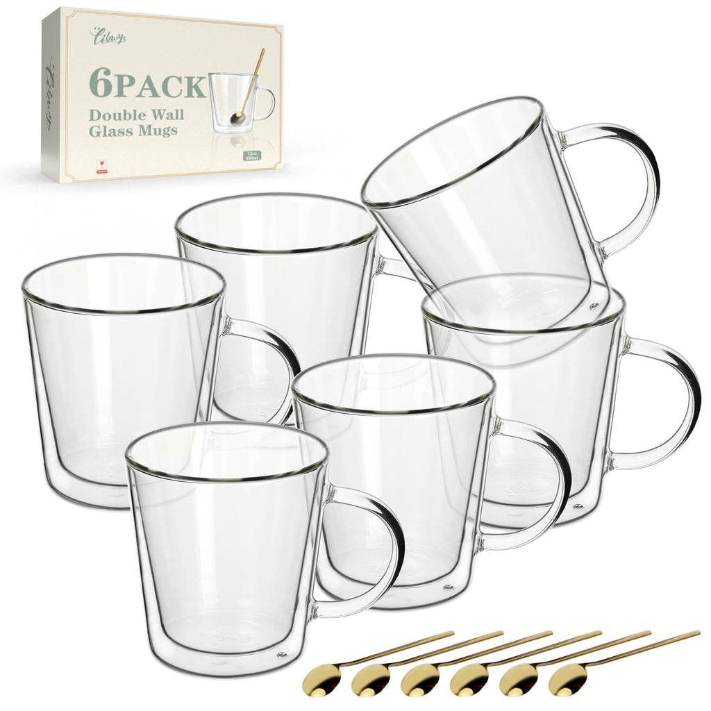 LIBWYS 12oz Double Wall Glass Coffee Mugs, Cappuccino Latte Tea Cups with Handle, Heat Resistant Borosilicate Insulated Clear Glasses (Set of 6)