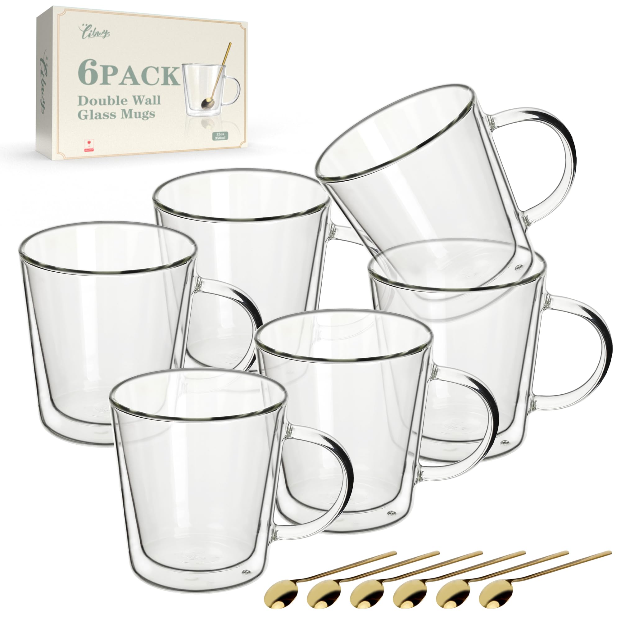 LIBWYS 12oz Double Wall Glass Coffee Mugs, Cappuccino Latte Tea Cups with Handle, Heat Resistant Borosilicate Insulated Clear Glasses (Set of 6)