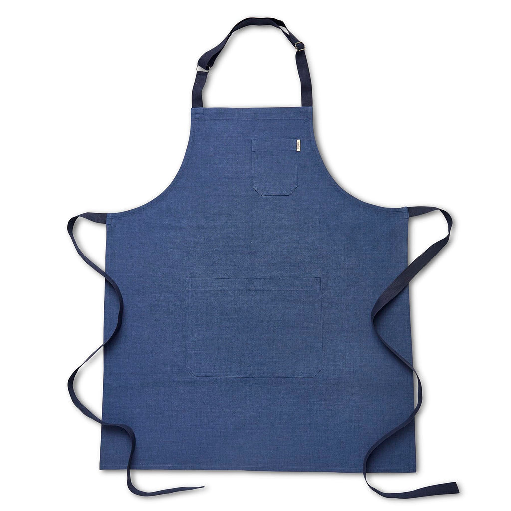 Solino Home 100% Pure Linen Apron, 32 x 27 in, Blue and Navy, Classic Apron