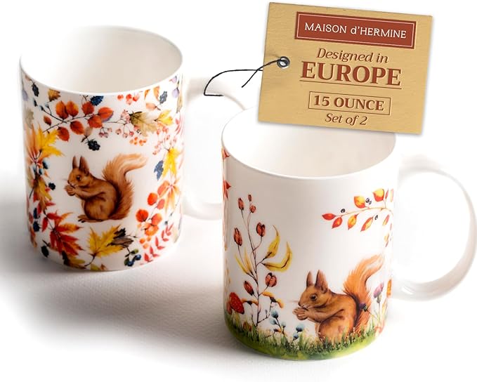 Maison d' Hermine Coffee Mug with Handles Fine Bone China Mugs Pack of Two Tea Cups for Hot Beverages Cappuccino Latte Home Restaurant Office Perfect for Gift (Sous-Bois, 15 Ounce)