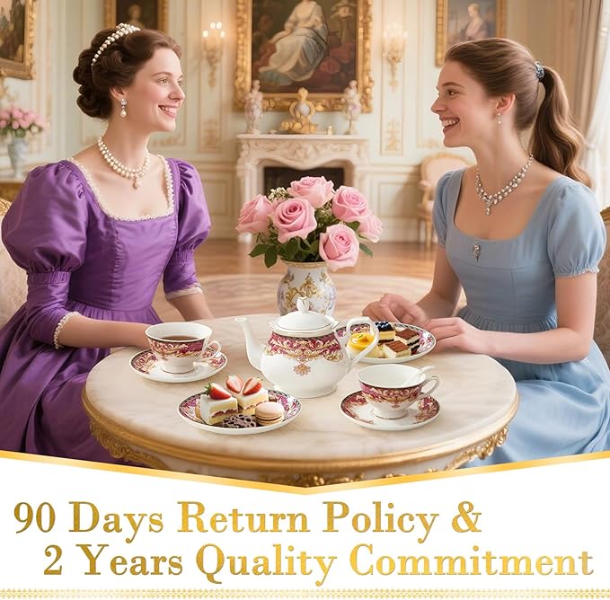 DUJUST 22 pcs Royal Vintage Porcelain Tea Set for 6, Luxury British Tea Sets for Adults with Red Patterns & Golden Trim, Beautiful Floral Tea/Coffee Cup Set, Gift Package - Royal Treat for You