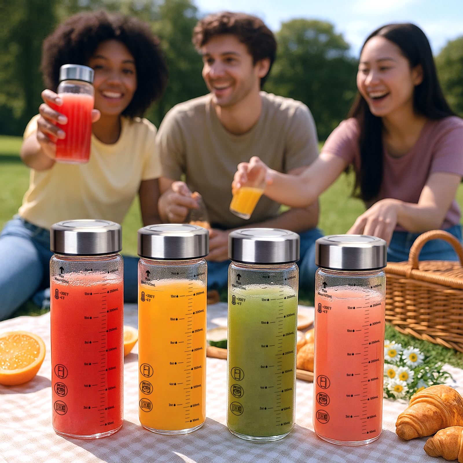 Luxfuel 12 oz Glass Juice Bottles with Lids, 4 Pack Wide Mouth Glass Bottle