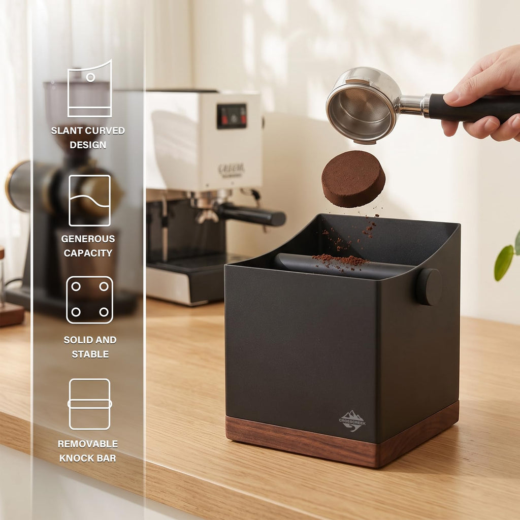 CrossCreek 2.5L Large Espresso Knock Box - Metal & Walnut Wood Coffee Grounds Container for Home Bar, Shock-Absorbent Removable Silicone Knock Bar, Non-Slip Base Coffee Puck Bin for Espresso Station