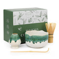 Roperu Pottery Matcha Set - Japanese Handcrafted Matcha Tea Bowl Mineral Glaze Bowl with Spout, Bamboo Whisk, Scoop & Chasen Holder | 4pc Tea Ceremony Kit for Matcha Lovers (Snowy Jade)