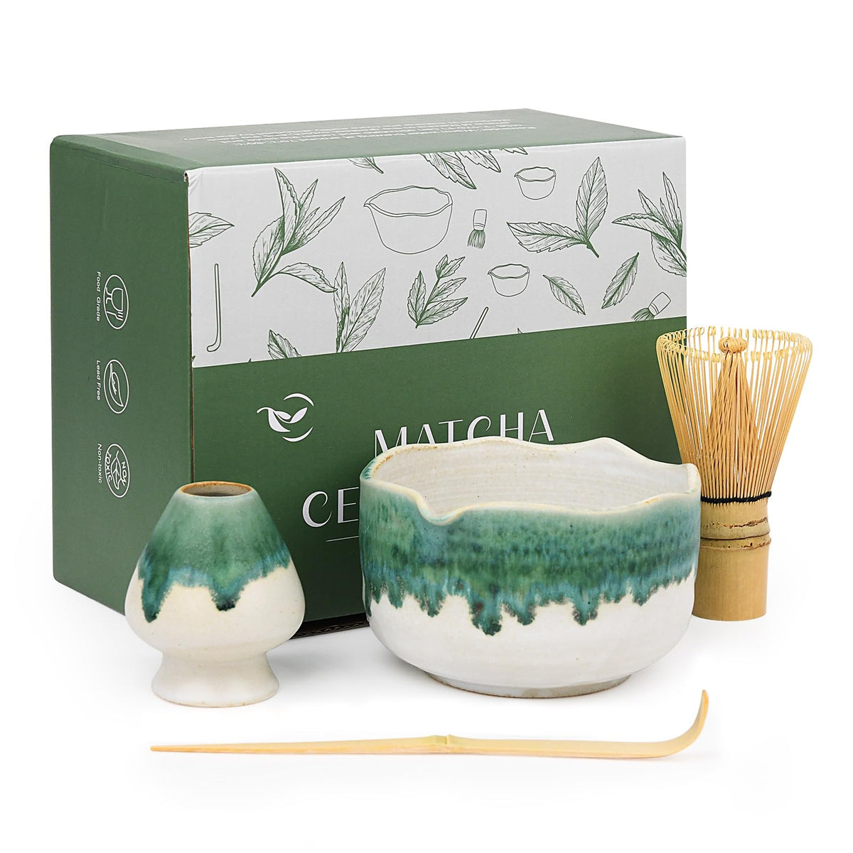 Roperu Pottery Matcha Set - Japanese Handcrafted Matcha Tea Bowl Mineral Glaze Bowl with Spout, Bamboo Whisk, Scoop & Chasen Holder | 4pc Tea Ceremony Kit for Matcha Lovers (Snowy Jade)