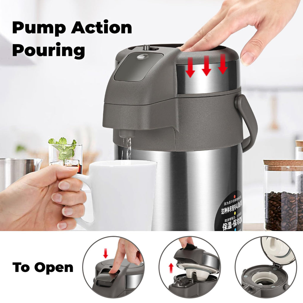 OJOJ 4L/133OZ Thermal Coffee Carafe with Pump, Thermal Beverage Dispenser, Coffee Airpot Stainless Steel Coffee Carafe for Hot Drinks Silver