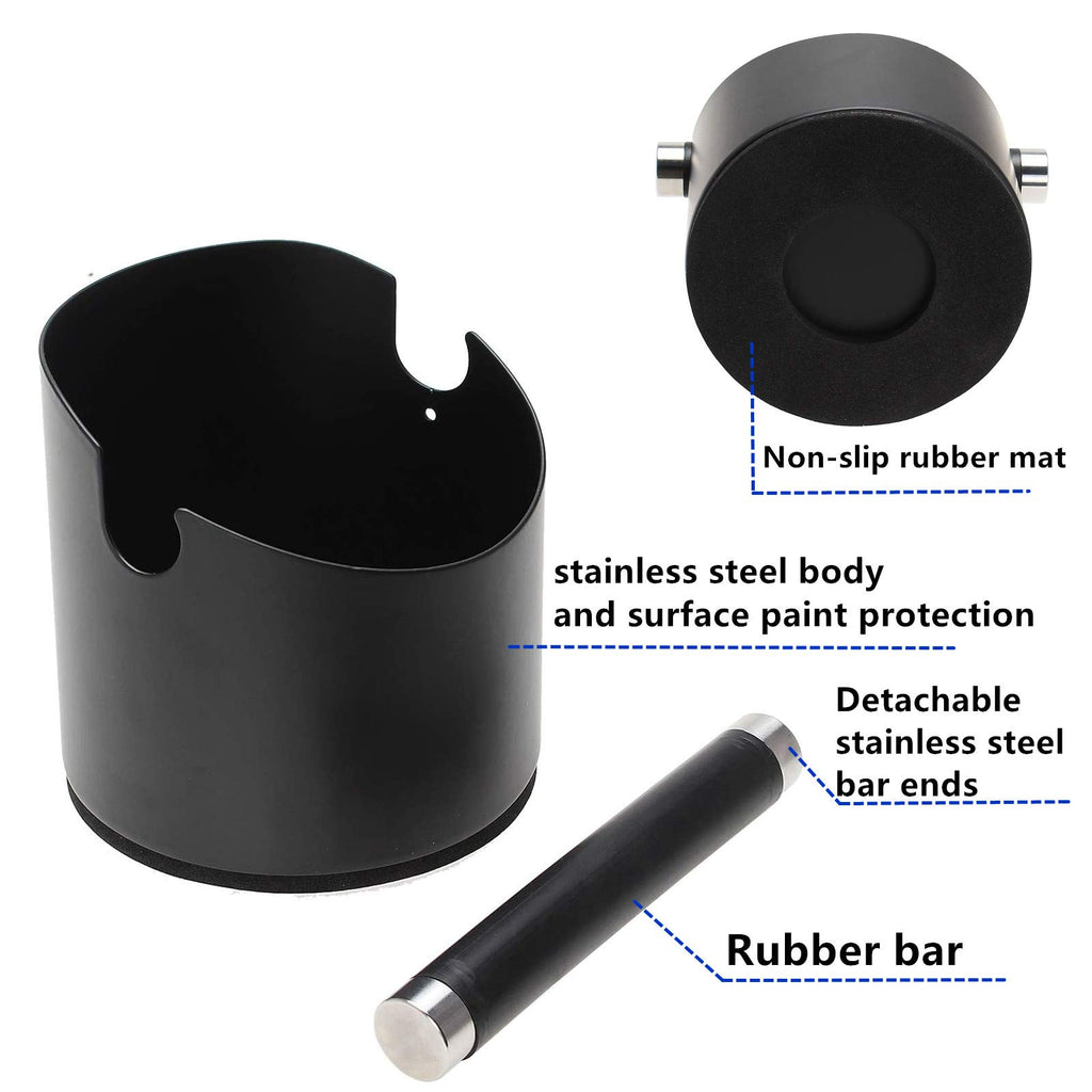DIBTSA Espresso Knock Box, Stainless Steel Coffee Grounds Knock Box, With Removable Knock Bar and Non-Slip Rubber Base (Black)
