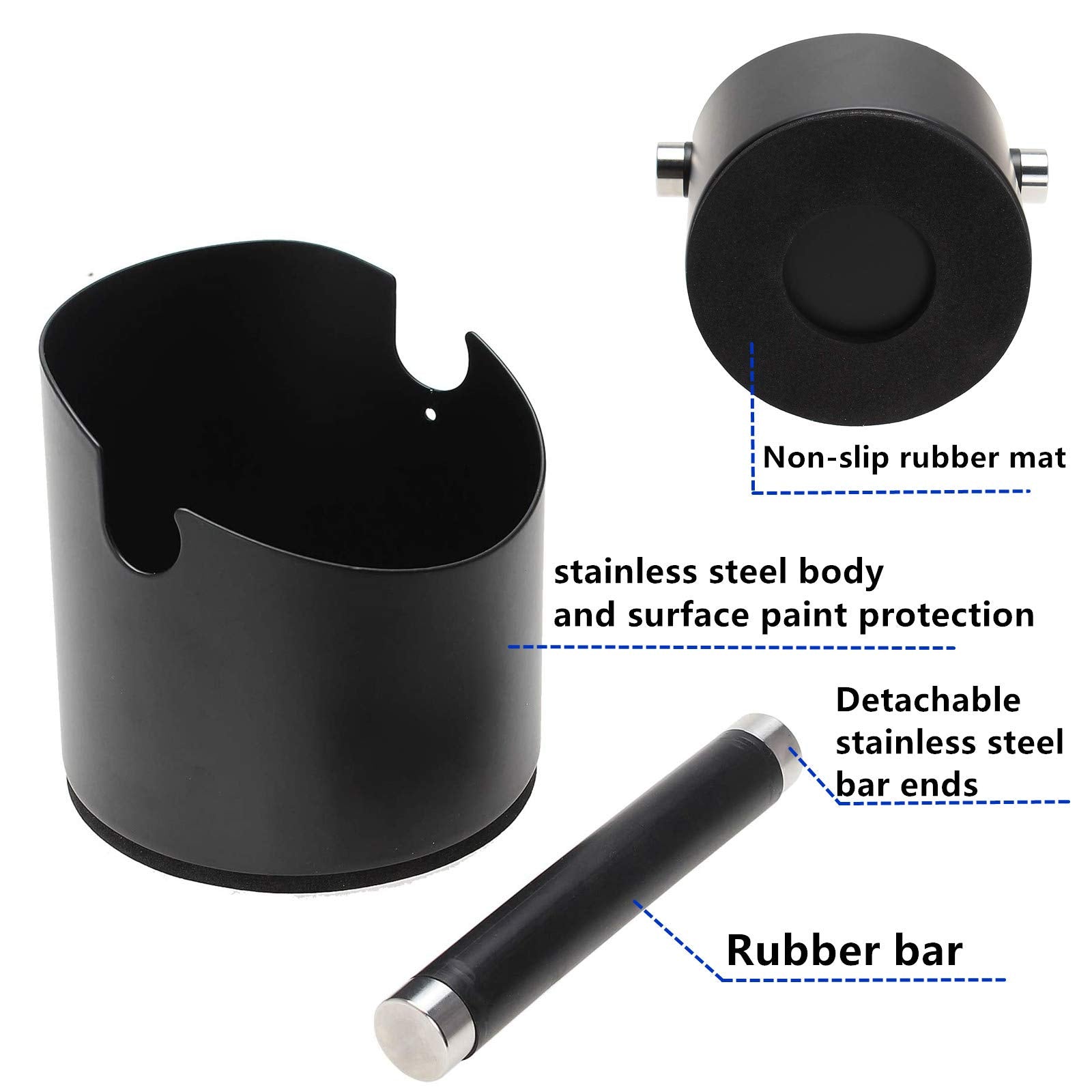 DIBTSA Espresso Knock Box, Stainless Steel Coffee Grounds Knock Box, With Removable Knock Bar and Non-Slip Rubber Base (Black)