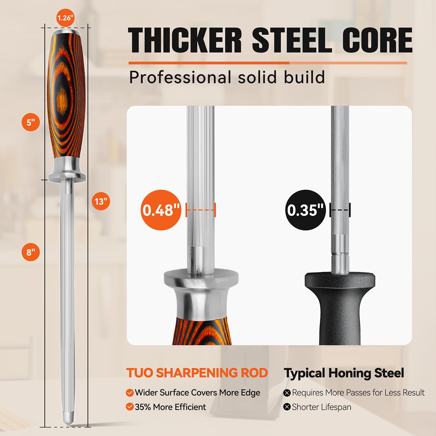TUO Honing Rod, Sharpening Steel with Larger Diameter for Kitchen Knife Daily Honing Maintenance, High Carbon Steel 8" Knife Sharpener Rod, Ergonomic Handle