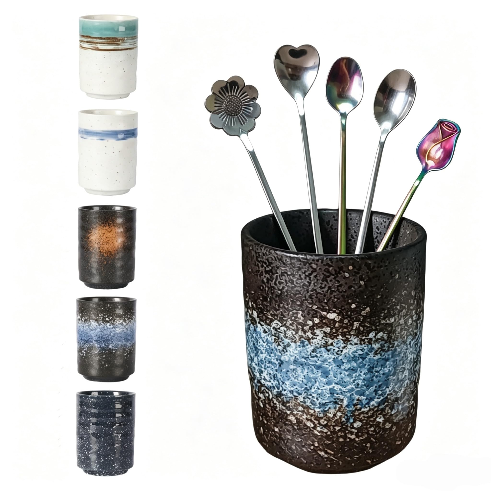 TOPYOKK Stoneware Coffee Bar Utensil Holder Tea & Coffee Spoon & Stirrer Holder for Stir Stick Straw Teaspoon Holder Espresso Spoon Cup Small Utensil Jar (Sea Water)