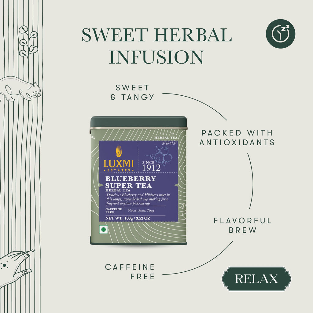 Luxmi Estates Blueberry Super Herbal Tea | Loose Leaf in Resealable Tin Caddy, 100g (3.5oz, ~50 Cups) | Caffeine-Free Fruit Herbal Infusion with Real Blueberry Bits, Hibiscus, Rosehips, Lemongrass, Orange Peel, Licorice, Lemon Balm & Cinnamon
