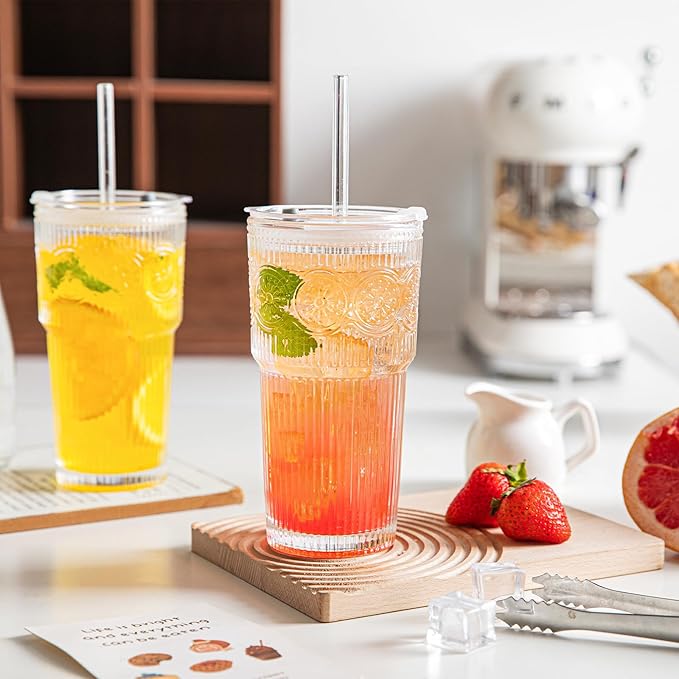 INSETLAN 20oz Ribbed & Floral Glass Tumblers with Lids and Glass Straws, Set of 4 – Iced Coffee Cups, Reusable Drinking Glasses for Water, Smoothies, Tea, and Juice – Perfect for Travel & Daily Use