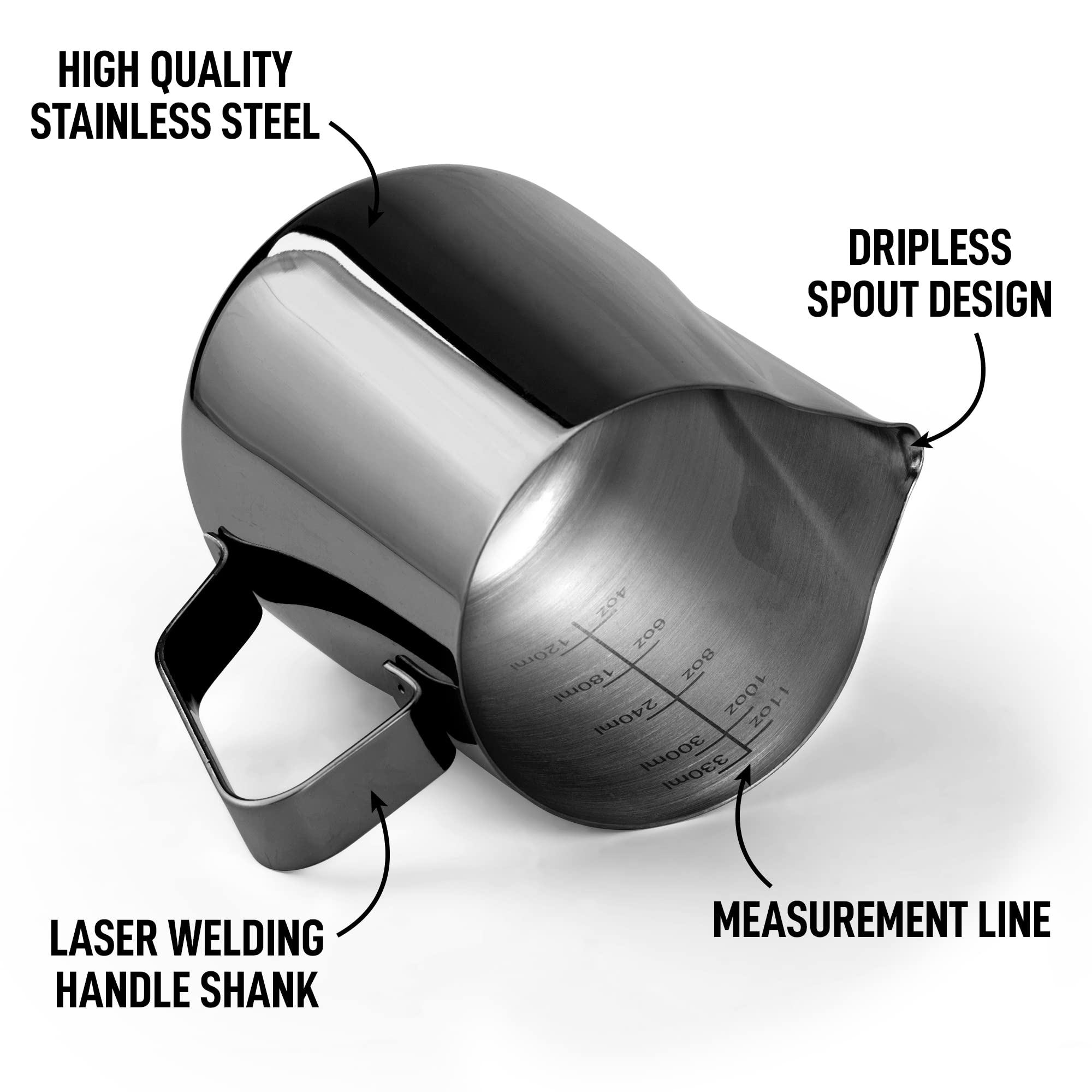 Zulay Milk Frother Cup 350ml/600ml/950ml (12oz/20oz/32oz) - Stainless Steel Frothing Pitcher With Laser-Welded Handle & Precise Measurement Markings - Black - 12oz