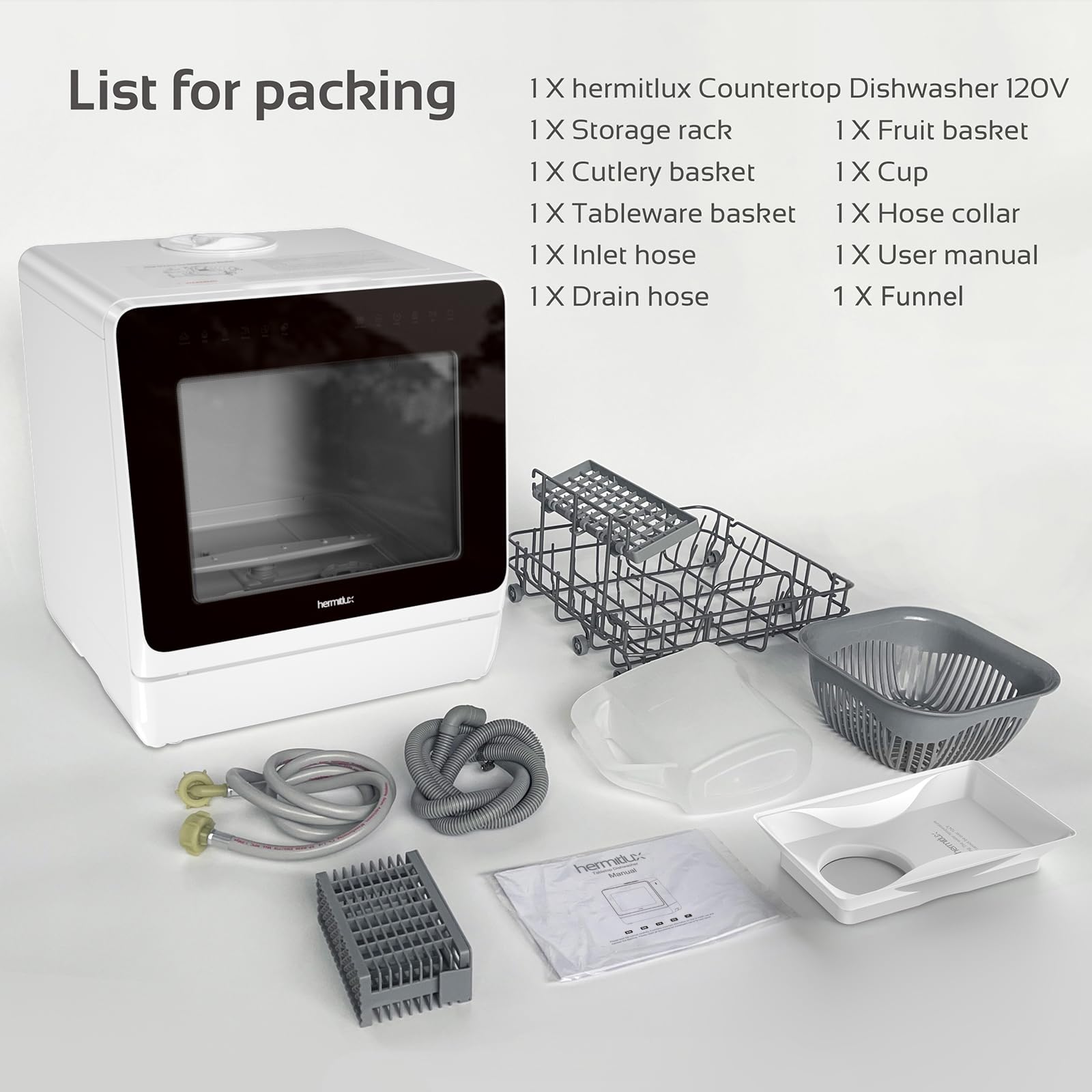 Hermitlux Countertop Dishwasher, 7 Washing Programs Portable Dishwasher