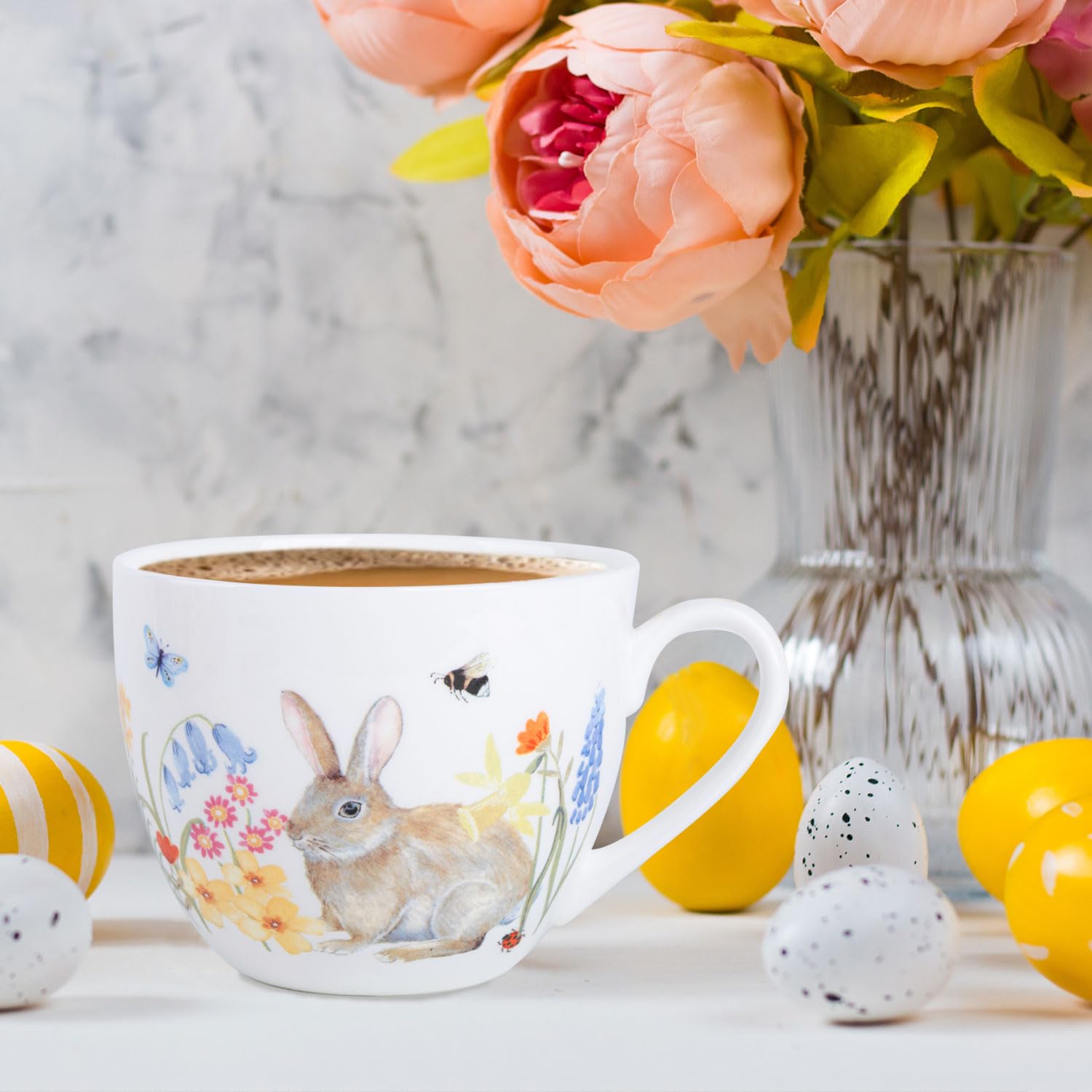 MFoffice 20 oz Bunny Coffee Mug with Spring Flowers & Happy Days Slogan, Premium Bone China Rabbit Coffee Cup, Cute Garden Gift for Women, Family&Friends, Designed in England by Harvest Green Studio