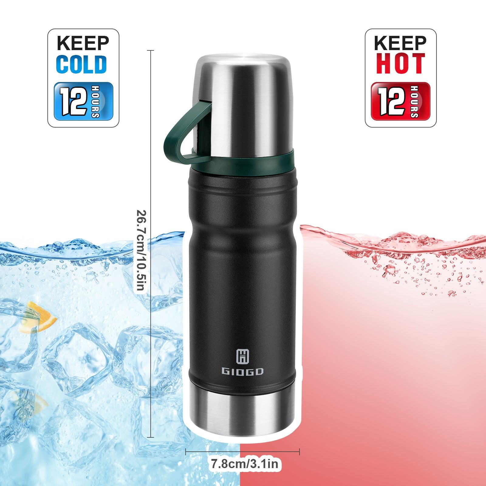 Vacuum Insulated Water Bottle Thermo Water Flask with Cup 680ml/23oz Stainless Steel Thermal Water Bottles Thermo for Hot and Cold Drinks Coffee Water(Black,Set)